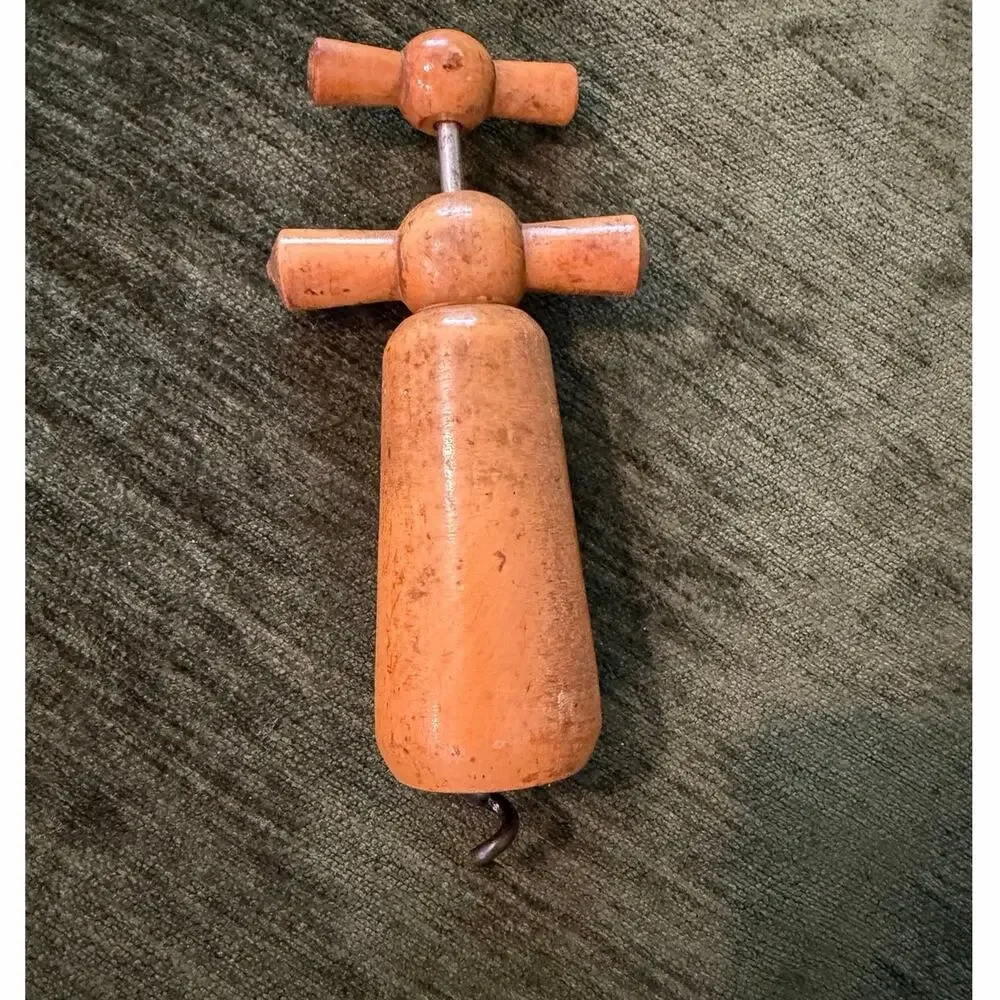 Vintage French double wood handle twist wine bottle opener corkscrew